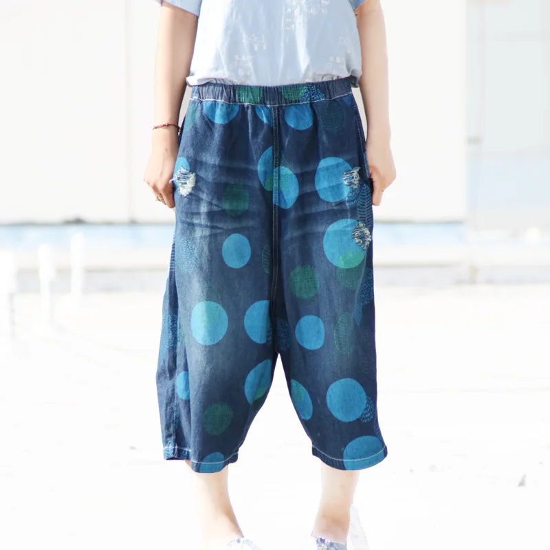 Винтажные богемные джинсовые брюки в горошек стиле Харадзюку хлопковые