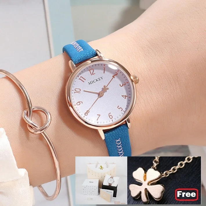 BLUE PLUS box bag Модные кварцевые часы с ремешком из натуральной кожи с Микки Маусом для девочек, водонепроницаемые женские оригинальные часы disney, круглые красные часы - Цвет: BLUE PLUS box bag