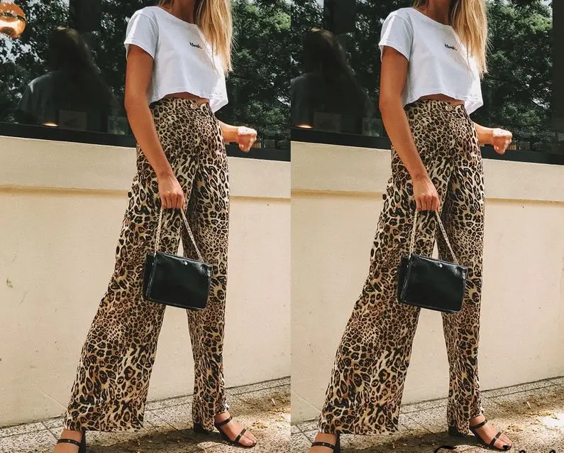 Лидер продаж Новинка Простые Женские брюки с высокой талией и леопардовым