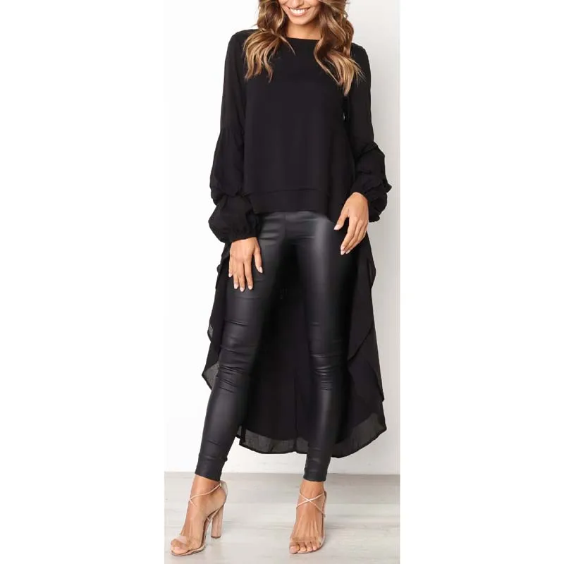 Black Blouse Женская блузка с рукавом-фонариком и высоким низом, блузка с высоким воротом, свободная блузка с длинным рукавом, асимметричная туника, Повседневная рубашка, женская одежда - Цвет: Black Blouse
