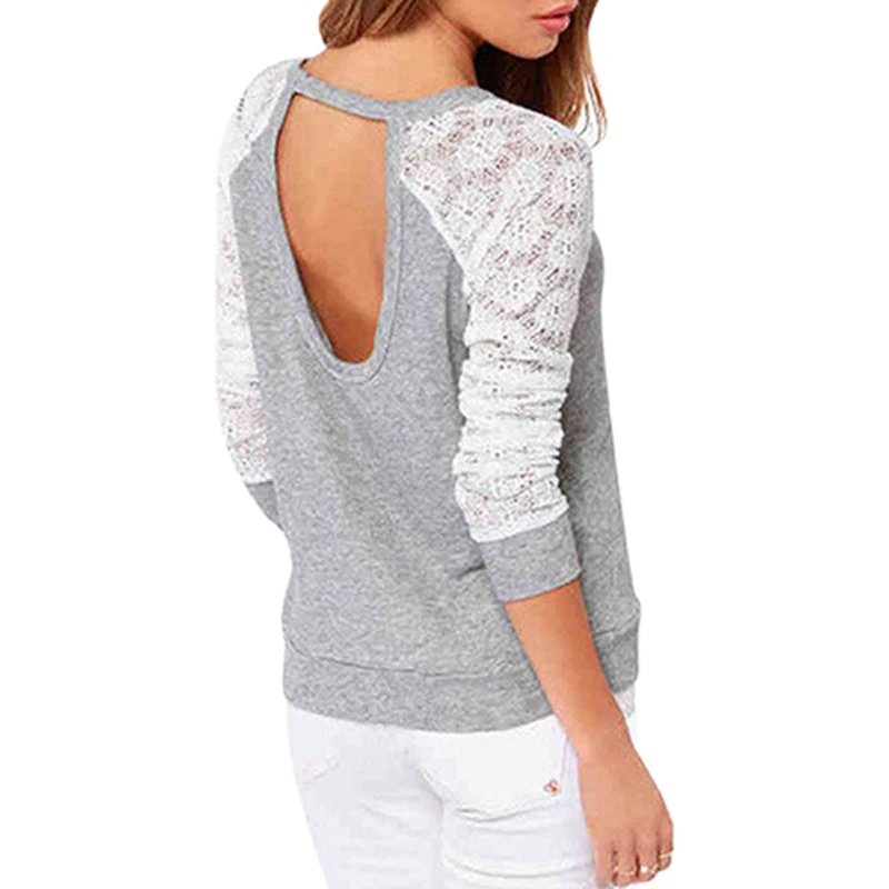 Female sweetshot Long Sleeve Sexy Lace Shirts Backless Embroidery Knitted Tops Pullover girl casual long sleeve for Women