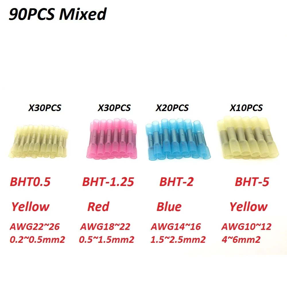 90pcs Mixed 100 шт. BHT0.5 BHT1.25 BHT2 BHT5 Тепловая клемма с термоусадочной изоляцией изолированные стыковые электрические провода соединители обжимной клеммы - Цвет: 90pcs Mixed