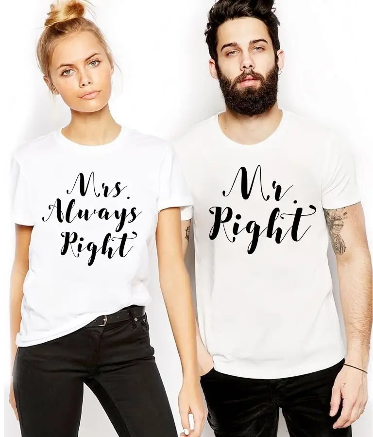 

Футболка мужская с принтом, смешная рубашка с надписью «Mr Right Mrs Always Right», подарок на день Святого Валентина, Hubby Wifey, лето