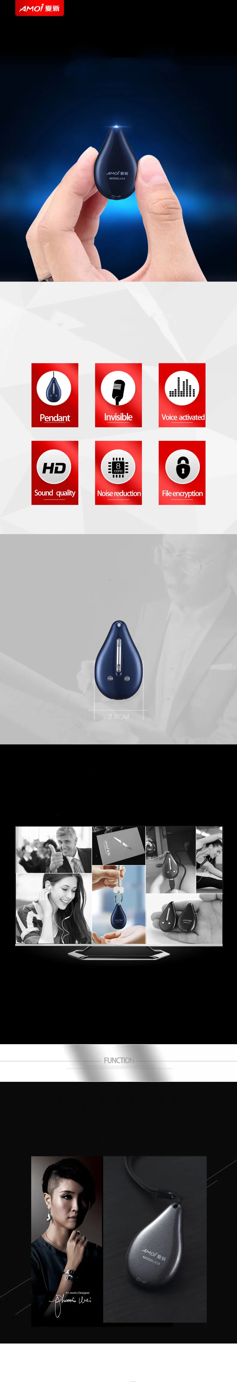 Amoi A18 espiar мини стелс ожерелье кулон Цифровой диктофон аудио регистратор Голосовая активация Диктофон MP3 музыкальный плеер