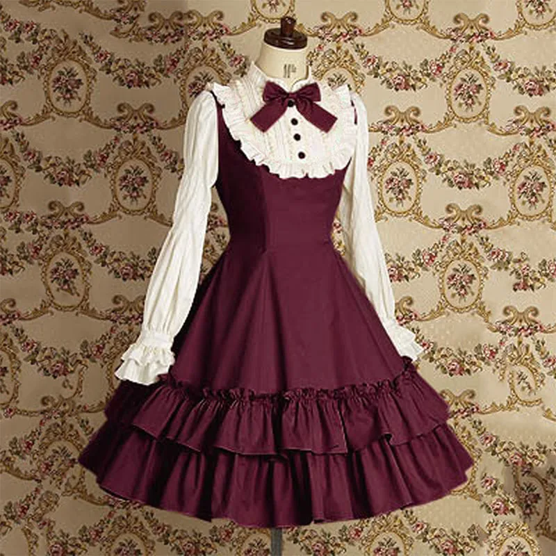 Red White Sleeve Милое винтажное тонкое Хлопковое платье в стиле Лолиты для девочек; классический костюм Mary Magdalene для женщин с бантом и оборками; мини-костюм принцессы для женщин - Цвет: Red White Sleeve