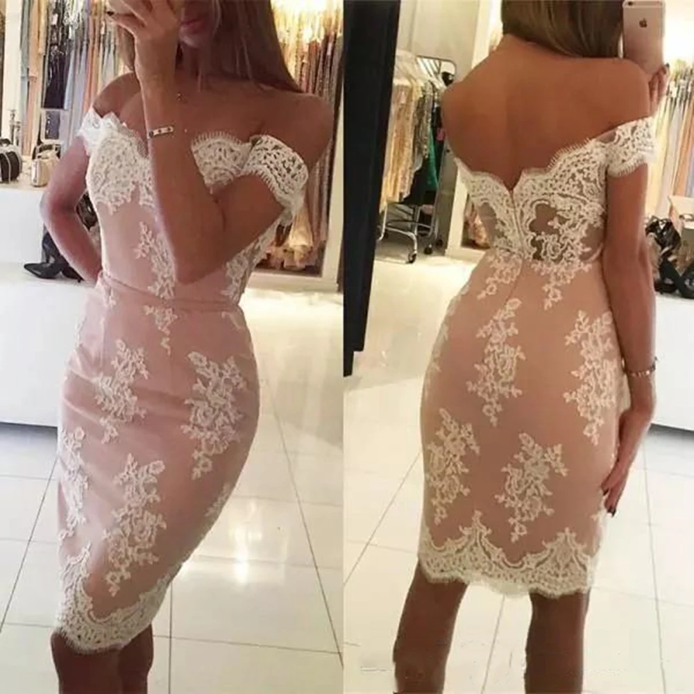 

2023 Short Cocktail Dresses Lace Appliques Off the Shoulder Fitted Knee Length Custom Made Party Gowns with Sash Evening Gowns