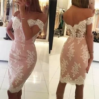 2023 short cocktail dresses lace appliques off the shoulder fitted knee length custom made party gowns with sash evening gowns