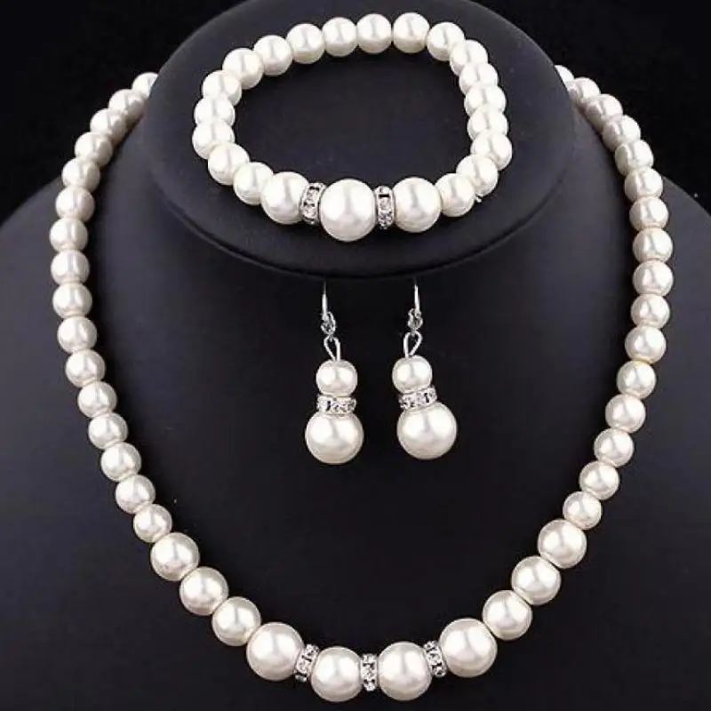 

Classic Crystal Pearl Bridal Jewelry Sets Necklace Drop Earrings Bracelets Jewellery Sets For Women African Indian Earing Gift