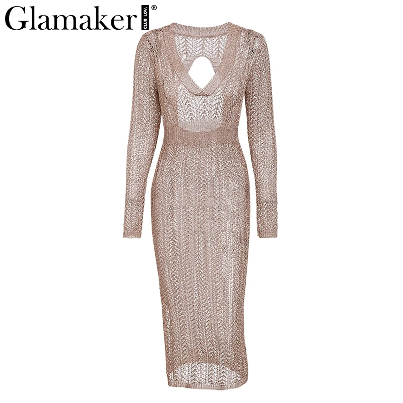 Женское длинное платье Glamaker прозрачное вечернее с открытой спинкой и глубоким