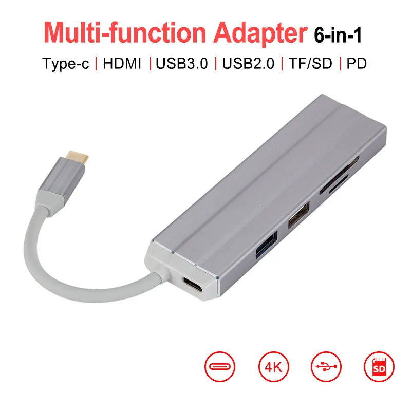 Адаптер HDMI Type C HUB 6 в 1 для Macbook ПК ноутбука картридер зарядки алюминиевый