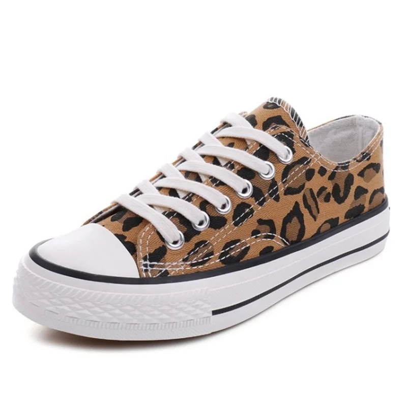 SJJH Women Canvas Leopard Sneakers High Low Top Comfortable Shoes Vulcanize Flats Casual Chaussure Lace-up Ladies Footwear D004