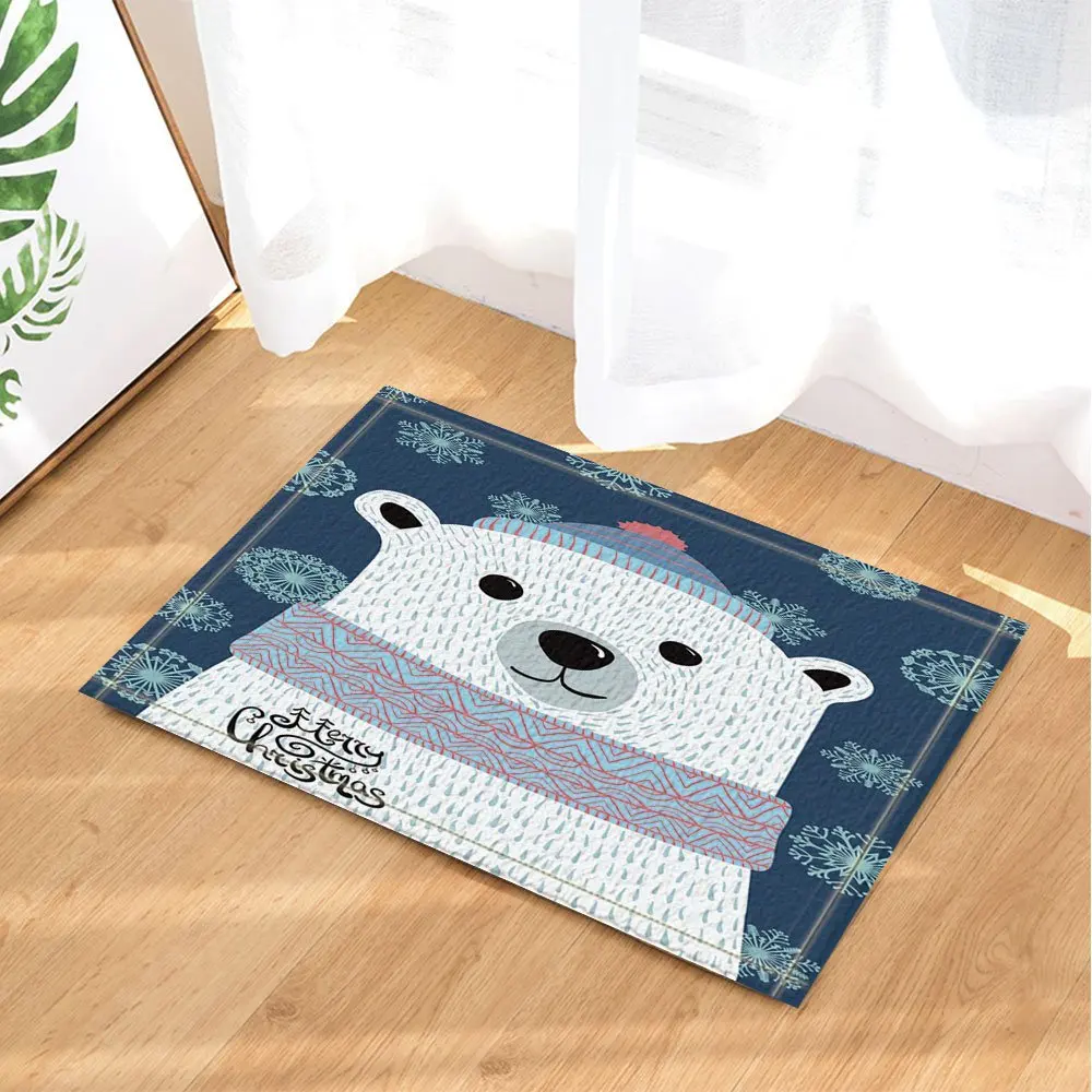 New Year Bathroom Decor Cartoon Polar Bear with Lettering Merry Christmas Waterproof Polyester Fabric Shower Curtain Set Doormat | Дом и сад