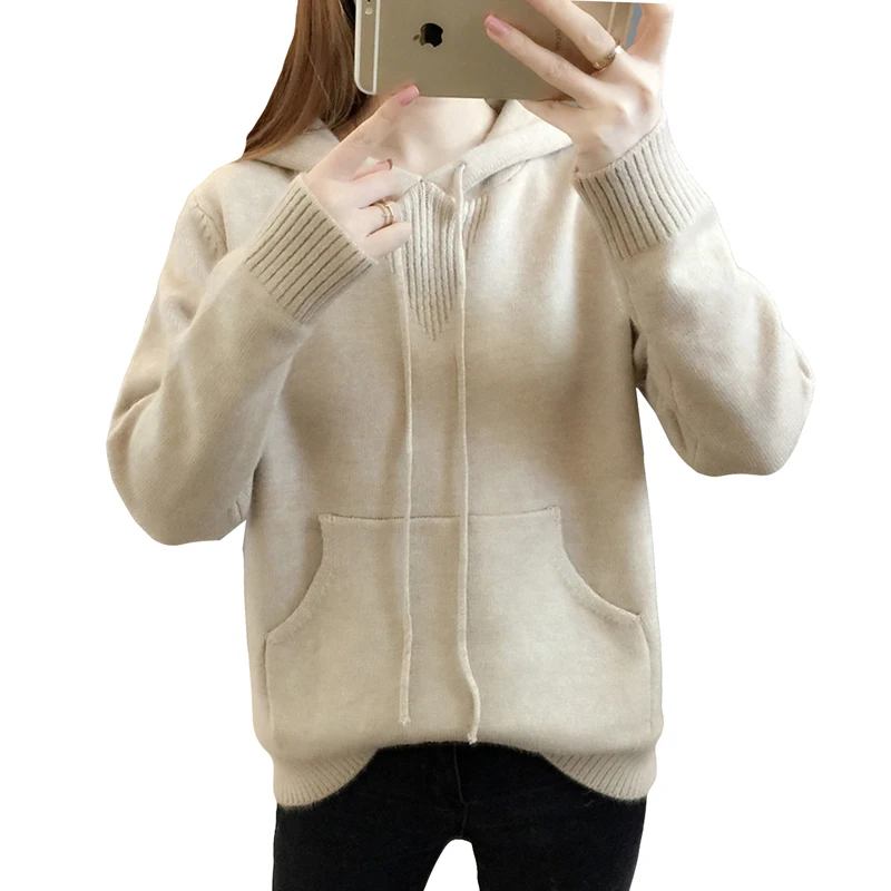 Женский кашемировый свитер с капюшоном теплое однотонное пальто длинным рукавом