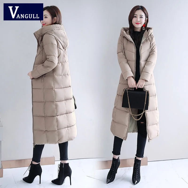 Vangull/Новинка; большие размеры 6XL; женские зимние куртки с капюшоном и воротником-стойкой; Женское пальто с хлопковой подкладкой; Женская длинная парка; теплые толстые пальто - Цвет: Хаки