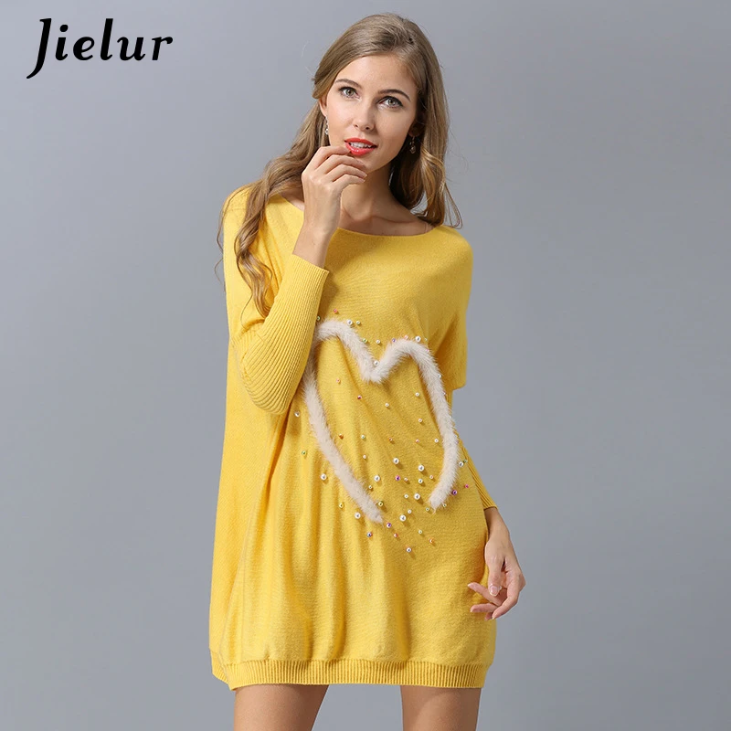 Jielur Europe Beading Love Autumn Sweater Women Loose Batwing Sleeve Chic Yellow Top Femme Elegant High Street Sueter Mujer 2018 | Женская