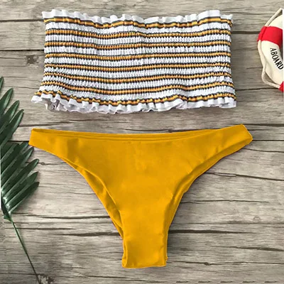 Bikinswimsuit, летний женский комплект с бюстгальтером, сексуальный полосатый принт, гофрированный, стрейчевый, обтягивающий, на груди, без косточек, высокоэластичное нижнее белье - Цвет: yellow striped