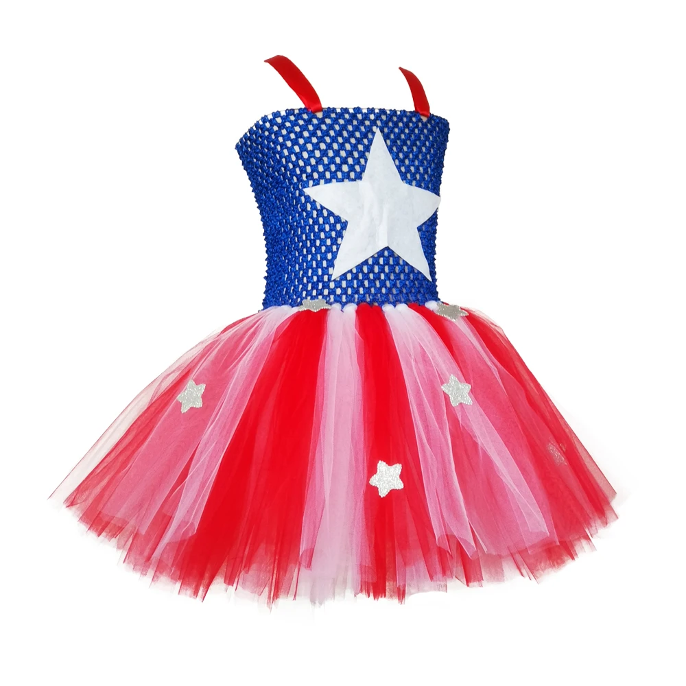 Платье пачка для девочек с супергероями голубое красное белое со звездами
