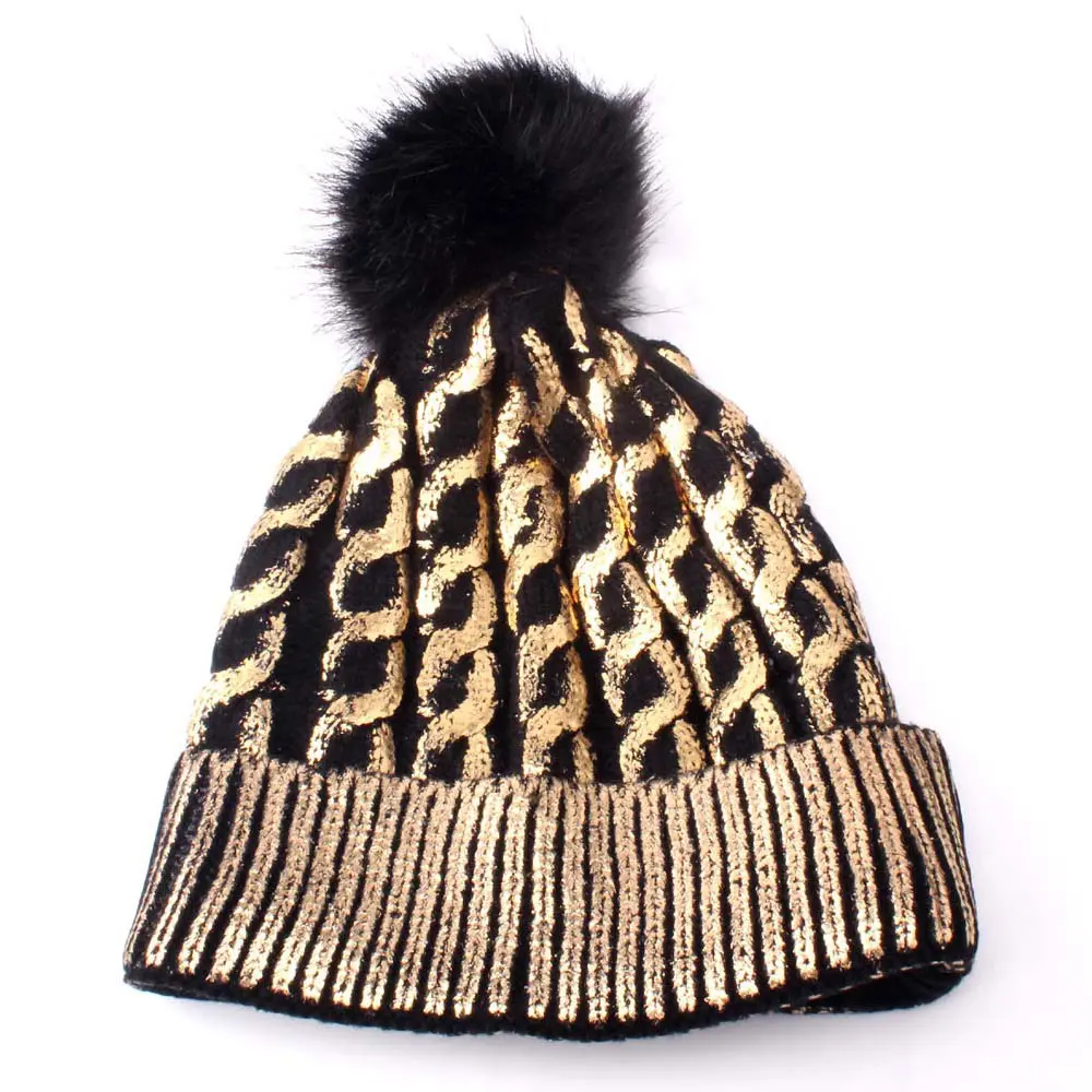 

Winter Pompom Hat for Women Adult Female Knitted Wool Silver Bronzing Warm Hat Fashion Girl Thick Cap New