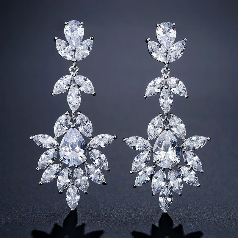 

Elegant Luxury Flower Shape Water Drop Women Earring Full Mirco Prave Cubic Zircon Fashion Jewelry
