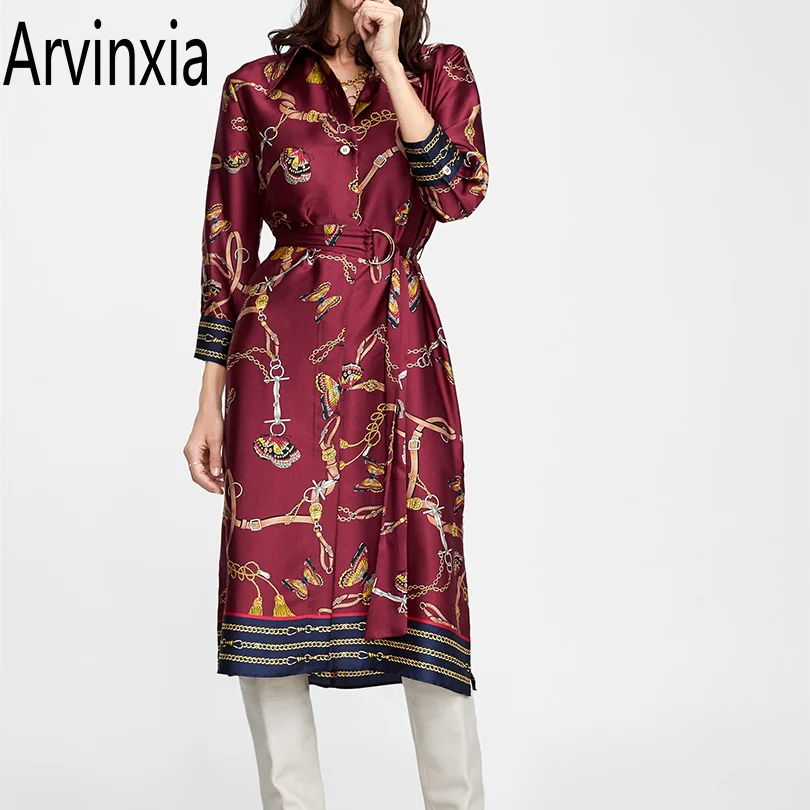 Фото Женское винтажное платье Arvinxia ZA с отложным воротником и поясом длинными рукавами