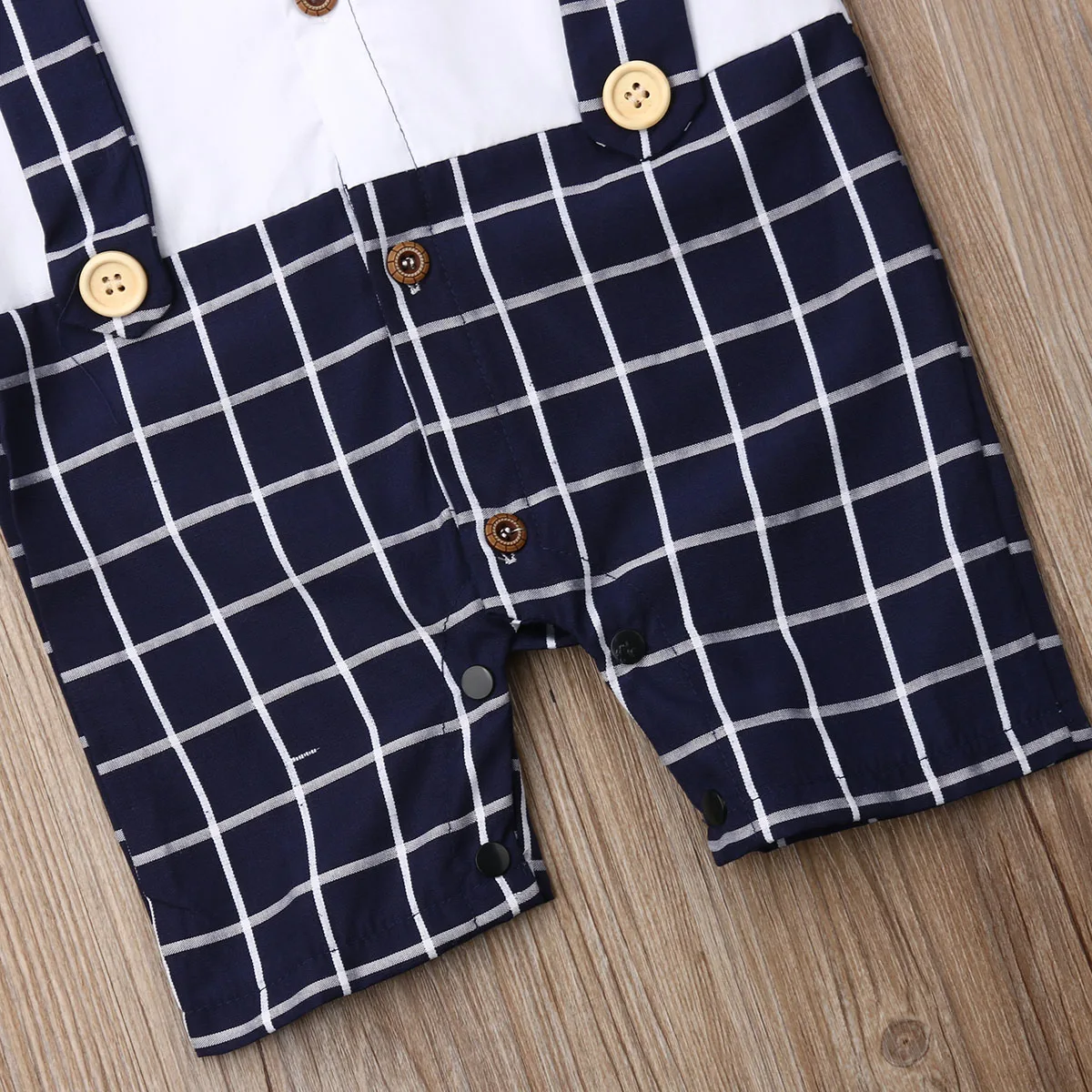 0-24M Newborn Baby Boy Little Gentleman Short Sleeve Bow Tie Patchwork Plaid Romper Jumpsuit Playsuit Summer Clothes |