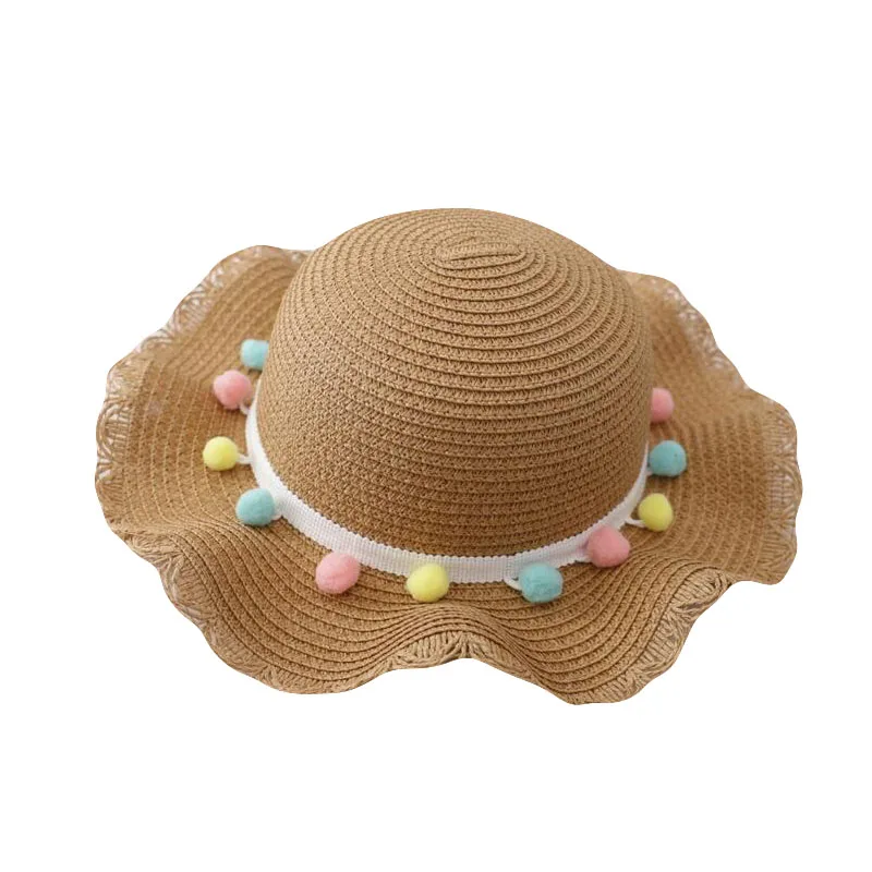 

Cute Color Ball Straw Sunhat for Kids Summer Sun Visor Caps With Wide Wavy Brim Girls Beach Cap Floppy Hats bag two-piece set
