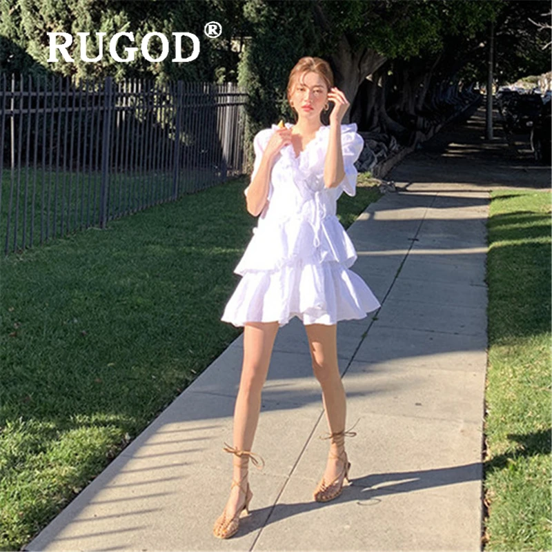 RUGOD корейское белое кружевное женское платье с оборками Элегантное летнее