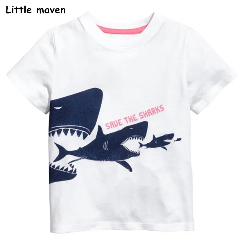 Little maven/детская одежда г. Летняя одежда для маленьких мальчиков футболки с короткими рукавами, топы с принтом акулы, хлопковая брендовая белая футболка 51007
