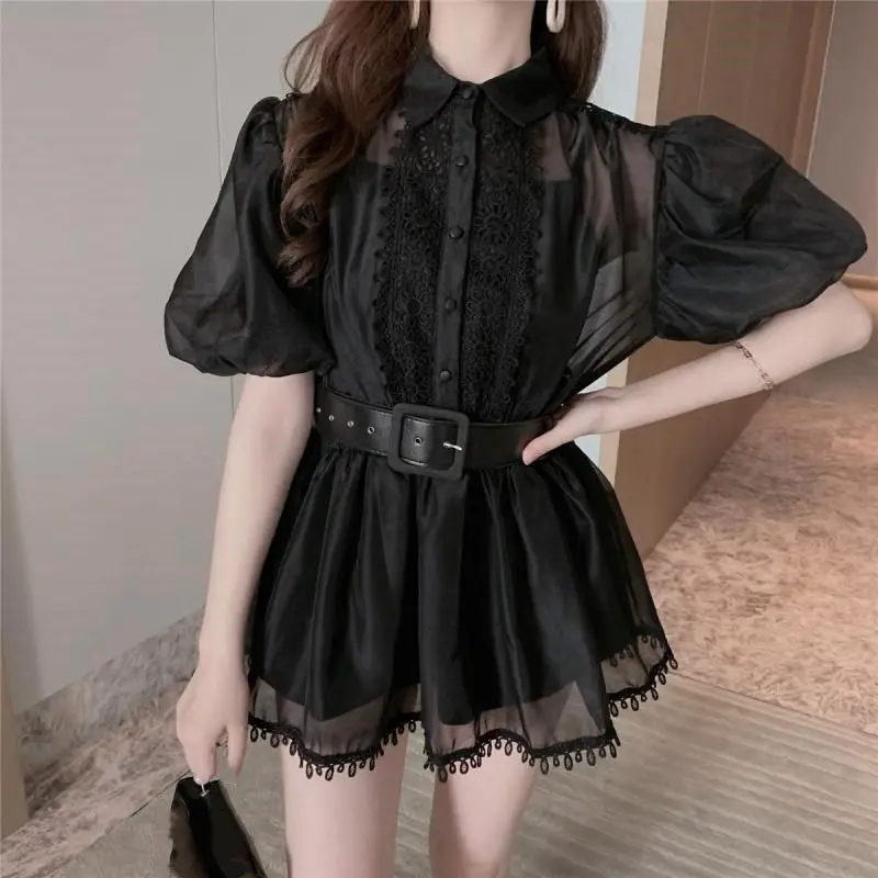 2019 летнее модное уличная мини-платье с рукавами-фонариками и поясом женское