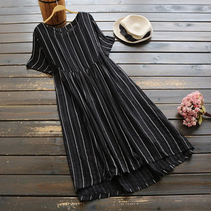 2018 женские летние платья из хлопка и льна платье в полоску с высокой талией