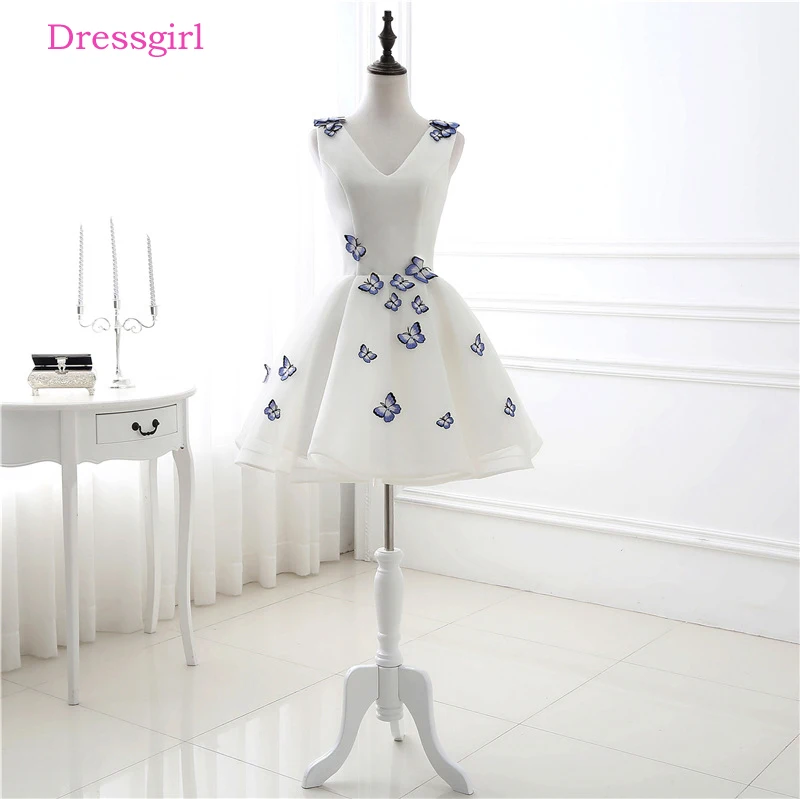

White Homecoming Dresses A-line V-neck Short Mini Tulle Flowers Elegant Cocktail Dresses