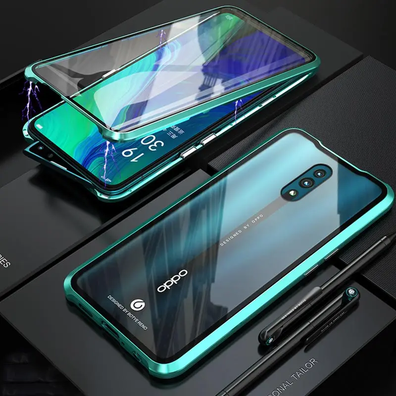 Чехол из закаленного стекла с магнитной адсорбцией для OPPO Reno 6,4 6,6, задняя крышка из закаленного стекла на магните 360, чехол с полной защитой - Цвет: Зеленый