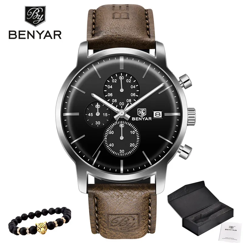 Coffee black Новинка, BENYAR, мужские часы, Повседневная мода, хронограф/30 м, водонепроницаемые/спортивные часы, мужские кожаные Наручные часы, мужские s Reloj Hombre - Цвет: Coffee black
