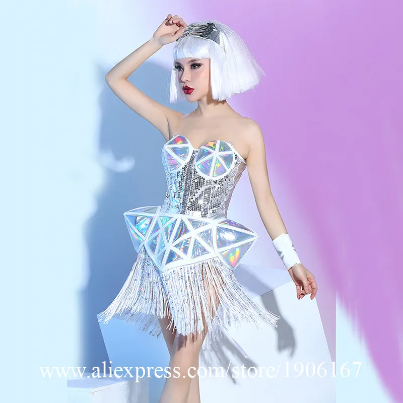 

Sexy Lady Bar Nightclub Silver Dress Female Singer Dj Dance Moder Ballroom Costume Concert Performance Stage Suit