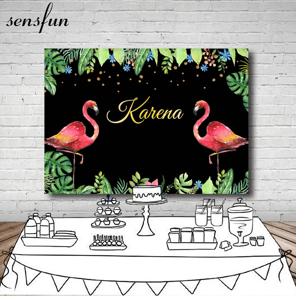 Фон для фотосъемки с изображением розового фламинго зеленых листьев черный 7 Х5