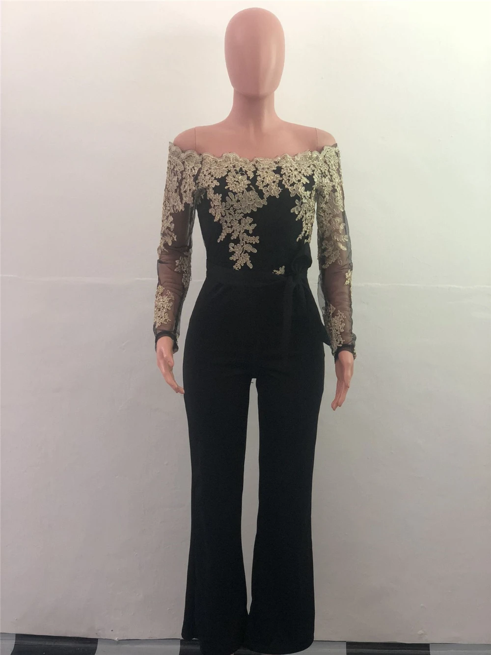 

Lace Patchwork Jumpsuit Women Sexy Off Shoulder Slash Neck Long Sleeve Women Jumpsuit Elegant Slim Wide Pants Jumpsuit