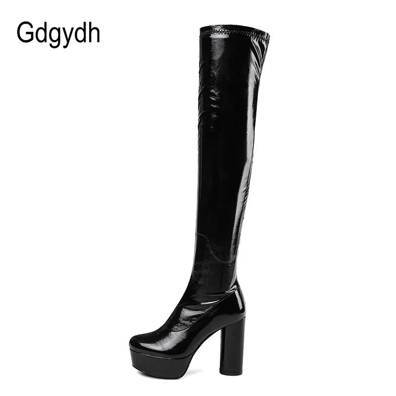 Женские сапоги выше колена Gdgydh черные из лакированной натуральной кожи с круглым