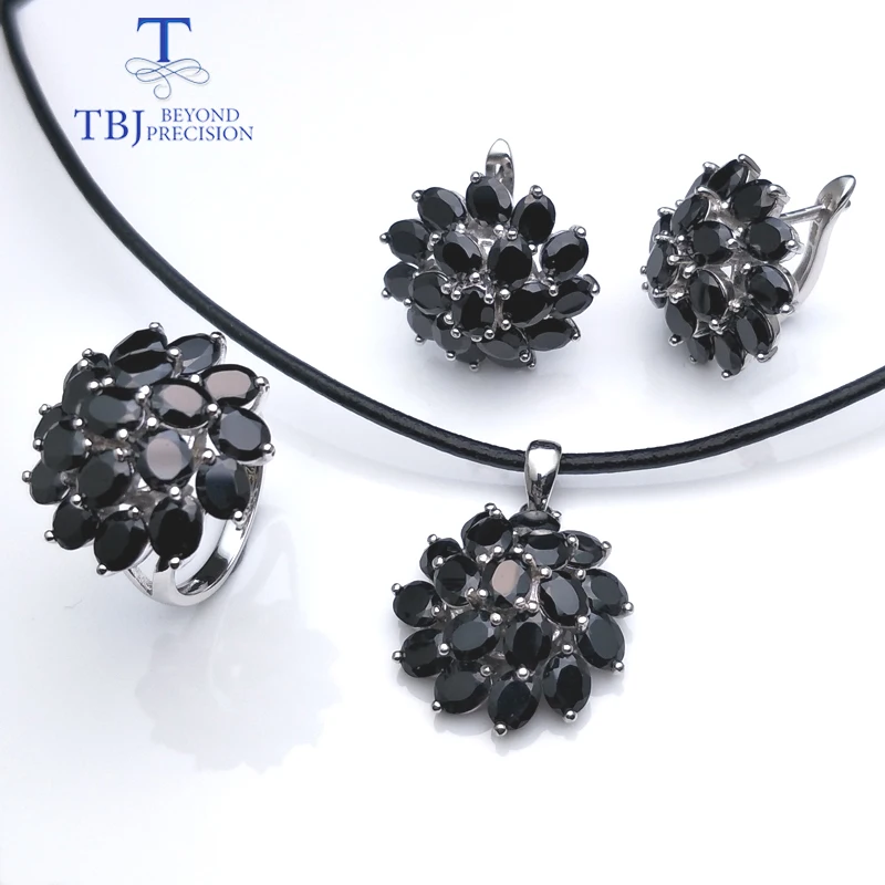 TBJ,natural black spinel gemstone jewelry set in 925 sterling silver best ring pendant earring for women daily party wear