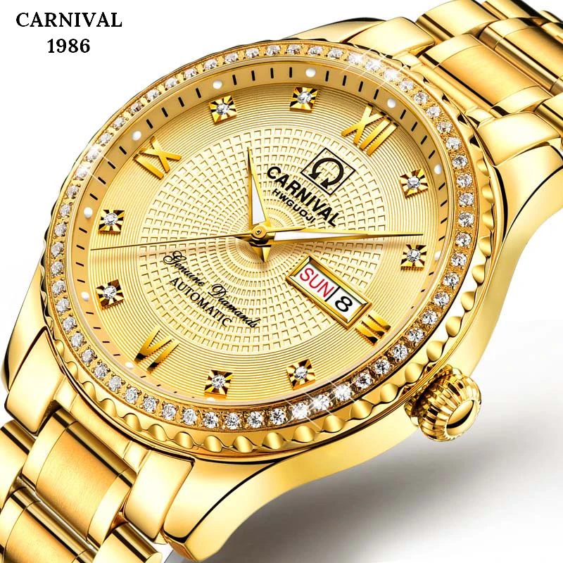 Man Watches Luxury Men Gold Rhinestone Watch Men's Business Luminous Wristwatch Male Automatic Mechanical Golden Watches Reloj kicadn men skeleton automatic mechanical watch man sapphire luminous vintage watches male business wristwatch relogio esqueleto