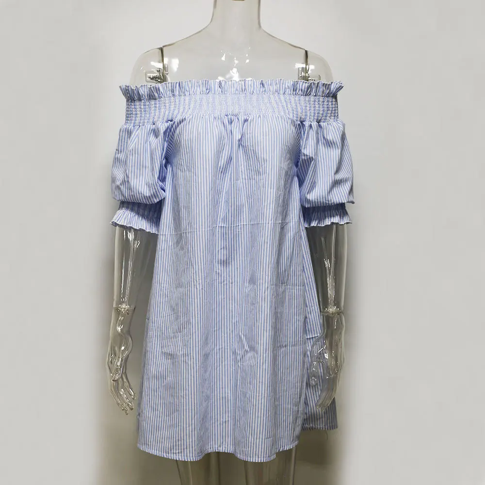 2017 летнее стильное платье с открытыми плечами Полосатое Короткое мини-платье