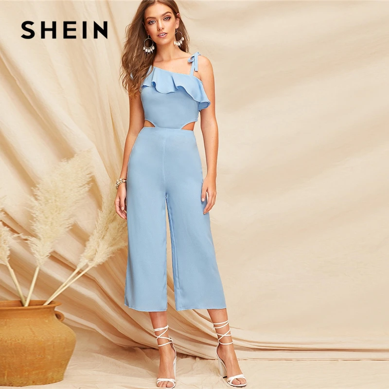 SHEIN Комбинезон С Бантом Оборкой И Вырезом На Плече Женский Синий Элегантный Широкий Комбинезон Без Рукавов