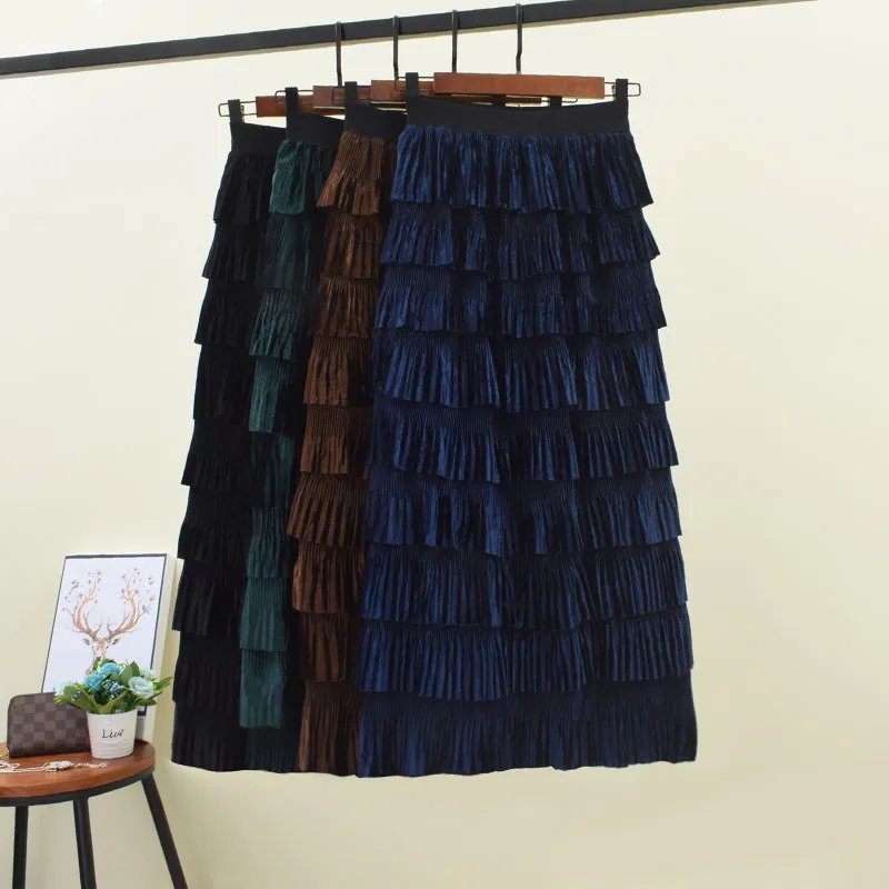 Женская бархатная юбка с оборками многослойная средней длины поясом на резинке