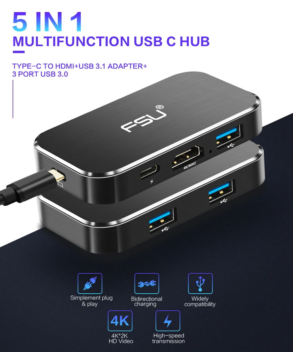 Usb-концентратор FSU 4K 60HZ USB C на HDMI адаптер 100W зарядка PD 3USB 3,0 разъем для MacBook huawei mate 20 P20