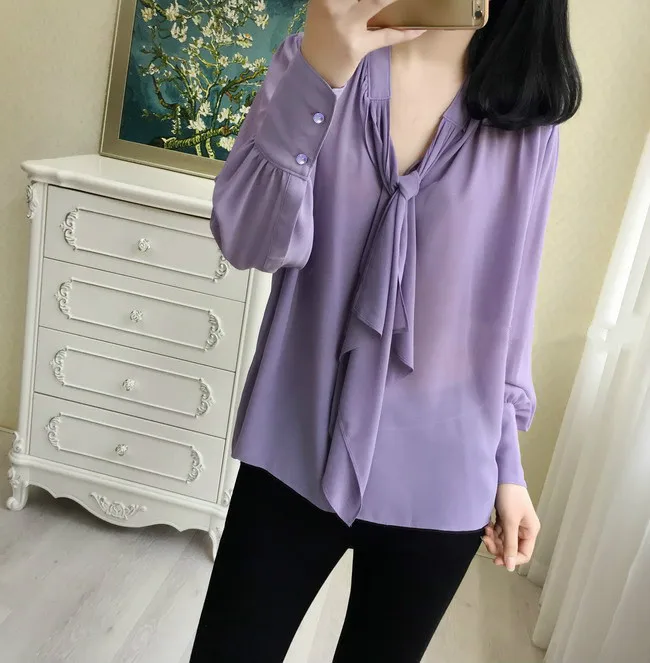 Женская Свободная шифоновая рубашка размера плюс 3xl 4xl 5xl, Женские топы и блузки, тонкие прозрачные женские фиолетовые блузки с длинным рукавом