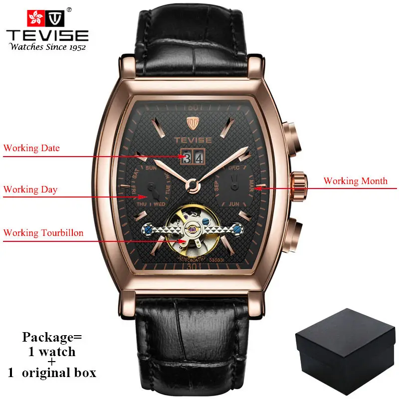 black rose gold TEVISE, высокое качество, турбийон, автоматические механические часы для мужчин, самовзводные, бизнес, натуральная кожа, календарь, наручные часы, 8383B - Цвет: black rose gold