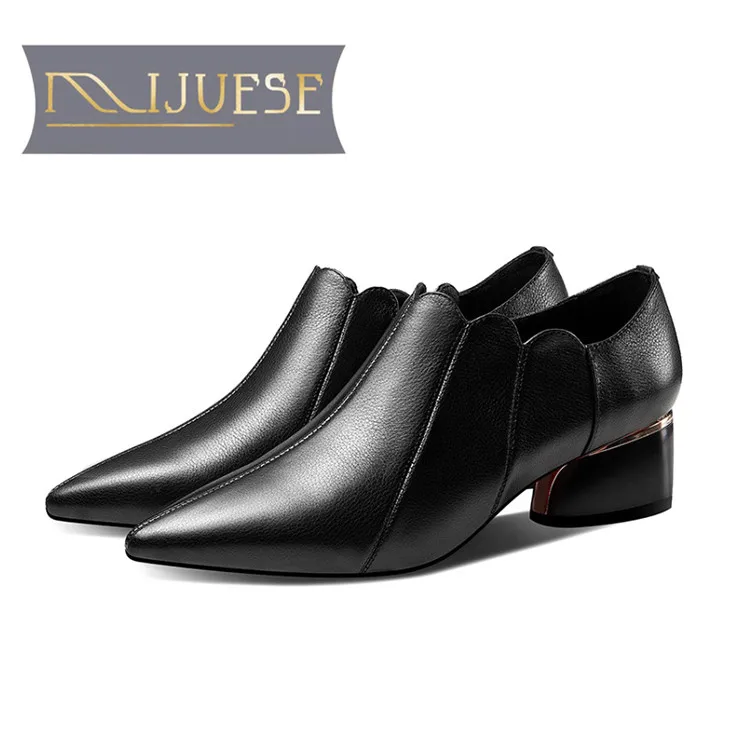 MLJUESE 2019 women pumps Soft Cow leather autumn spring black color slip on pointed toe high heels shoes party dress size 33-42 | Обувь