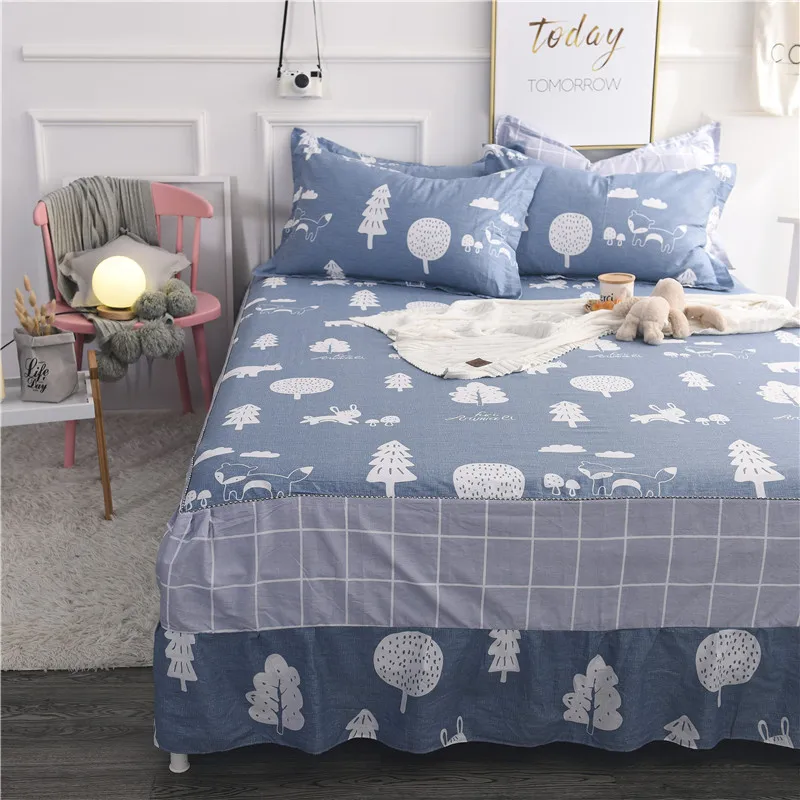 Cute Blue +White Cartoon Tree Pattern Bed Skirt Cotton Breathable Multi-Color Covering Painting 3pcs Bedding Sets Pillowcase |