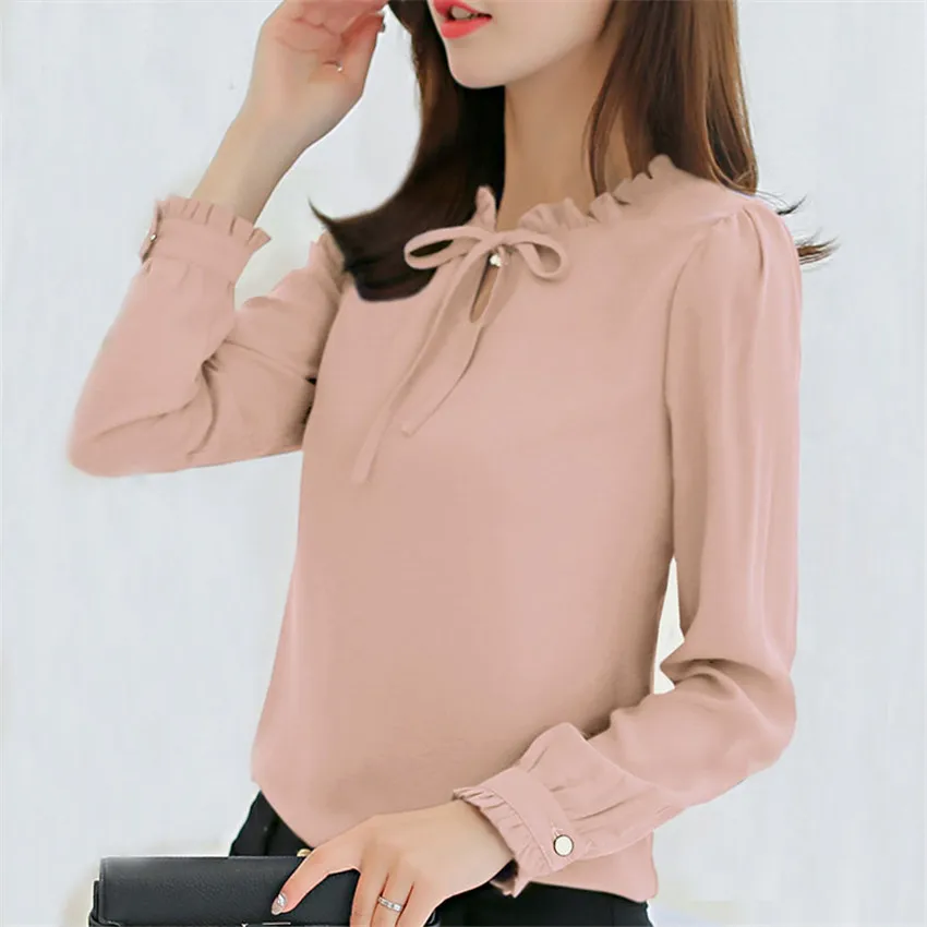 

New Fashion Chiffon Blouse Women Spring Autumn Solid Casual Long Sleeve Lace Up Blouse Lady White Office Shirt Blusa Tops AB660