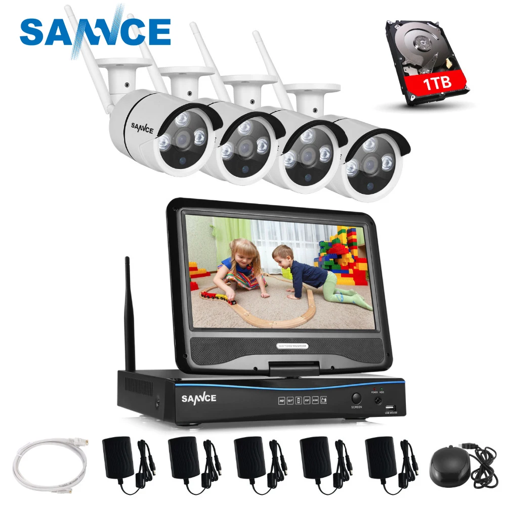 Sannce 2.4 г 10.1 ЖК дисплей 4CH HD 720 P Беспроводной NVR Wi Fi 1500TVL в/Открытый ИК ip камеры