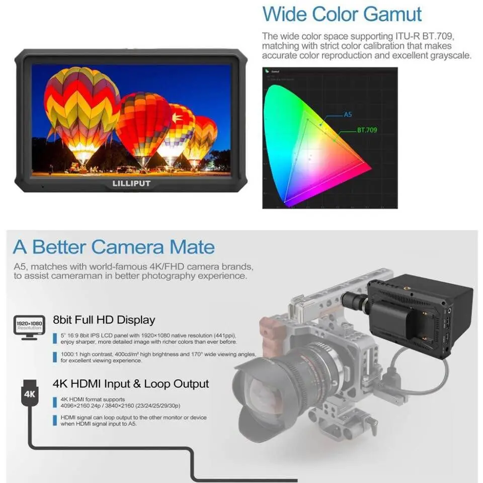 Lilliput A5 5 дюймов Utra тонкий IPS Full HD 1920x1080 4K HDMI на камеру видео полевой монитор для Canon